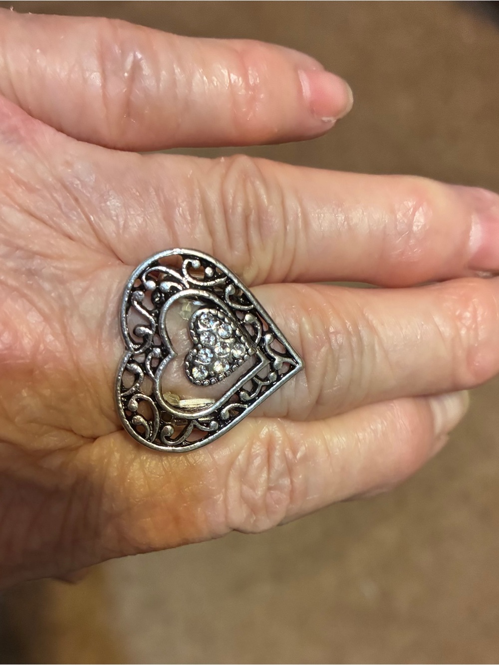 Silver Heart Filigree Stretch Ring with Crystal Accent - Women's Jewelry